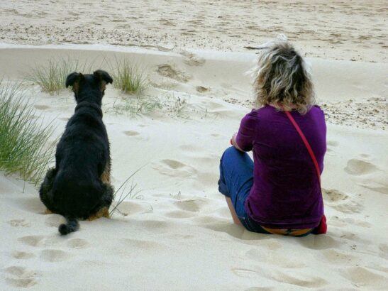 Dog and woman at beach