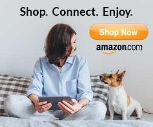 Women at computer with dog and Shop Now Amazon button